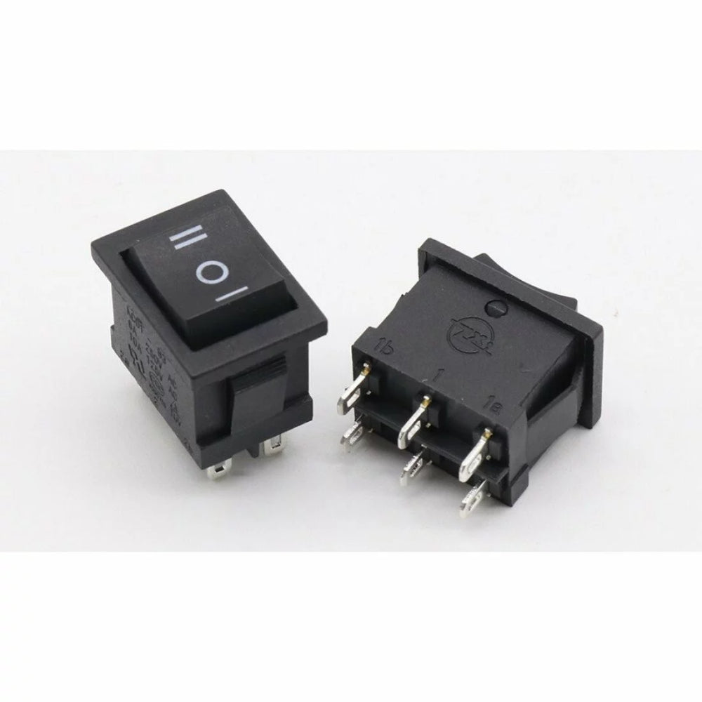 KCD2-203 6-terminal Rocker Switch On/off/on Dpdt – 6A/250VAC Boat Switch - with six metal terminals on the back and three-position buttons.