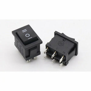 KCD2-203 6-terminal Rocker Switch On/off/on Dpdt – 6A/250VAC Boat Switch - with six metal terminals on the back and three-position buttons.