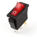 KCD3-104N Red Light 3pin Spst On And Off Rocker Switch - a black rectangular housing with a red rocker button and three metal terminals on the bottom.