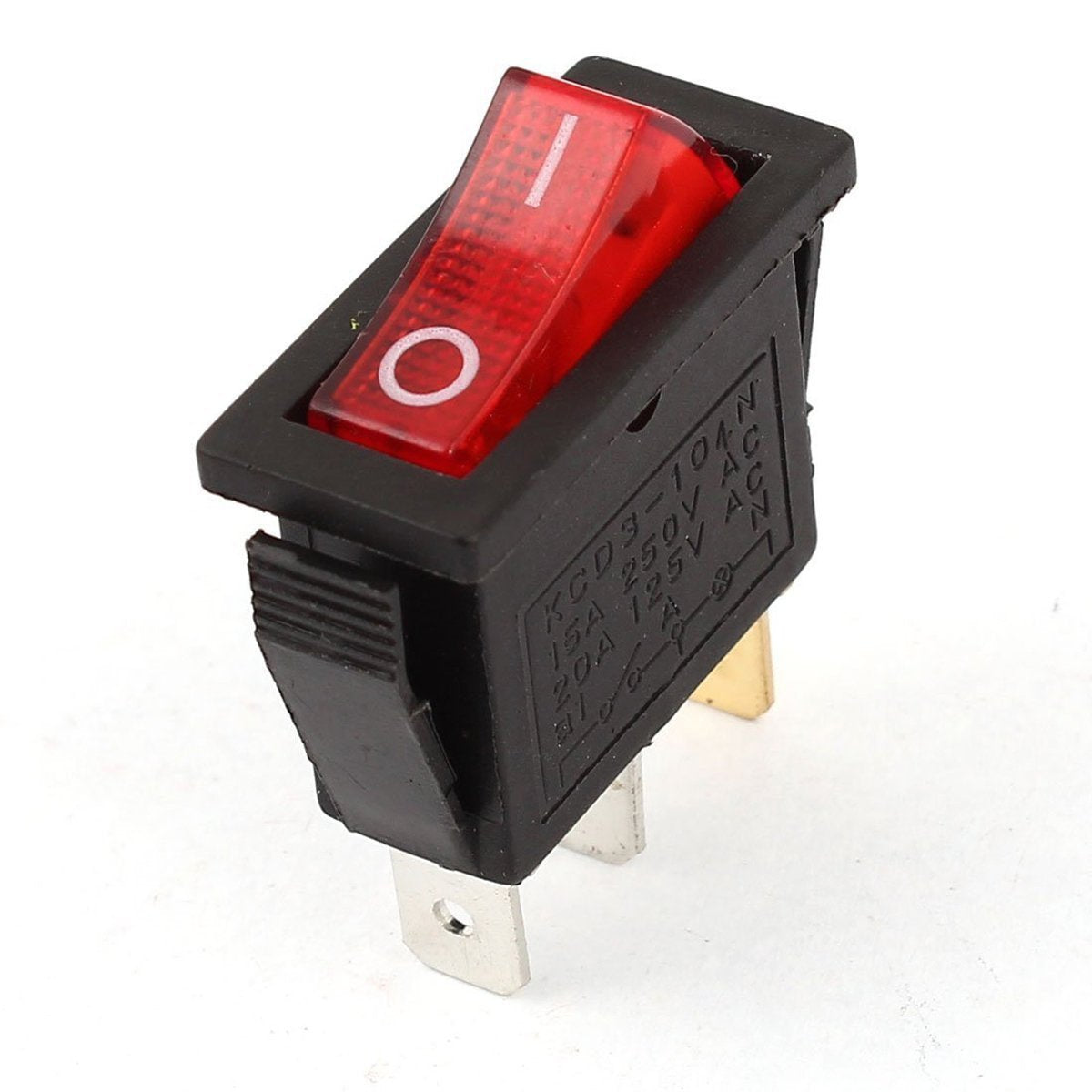 KCD3-104N Red Light 3pin Spst On And Off Rocker Switch - a black rectangular housing with a red rocker button and three metal terminals on the bottom.