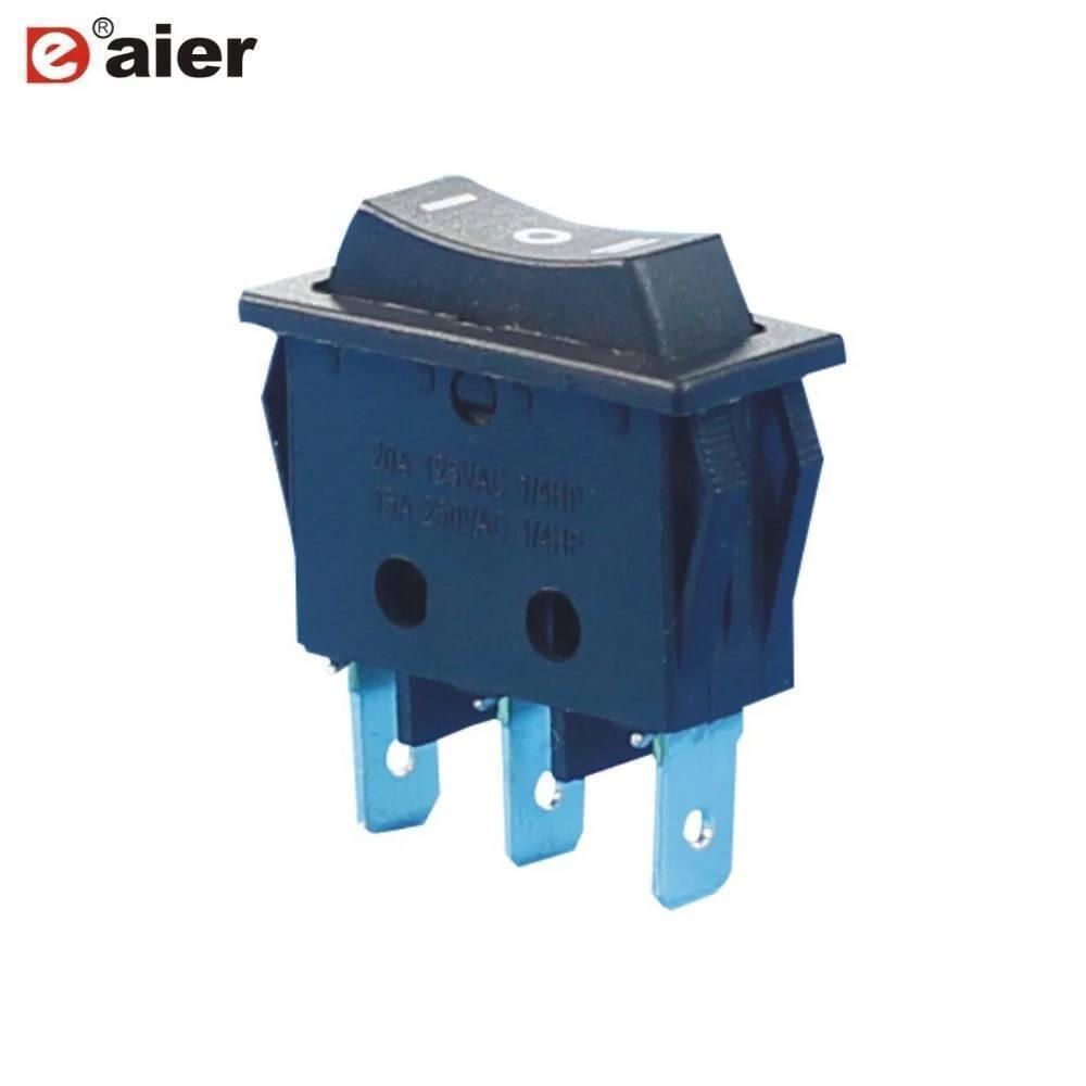 KCD3-4-123 Momentary On Off Momentary On Small Rocker Switch 3 Position 15A 250VAC - a black, rectangular three-position switch with three metal terminals and white markings on the top rocker.
