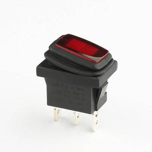KCD3 Spdt Rocker Switch Waterproof - a black rectangular rocker switch with a red translucent top and three metal terminal pins on the bottom.