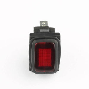 KCD3 Spdt Rocker Switch Waterproof - a rectangular black switch with a red illuminated center and a single metal connector terminal on top.