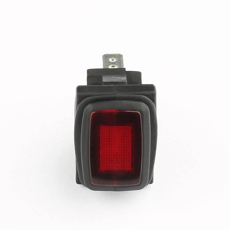 KCD3 Spdt Rocker Switch Waterproof - a rectangular black switch with a red illuminated center and a single metal connector terminal on top.