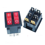 KCD6 Plastic Dual Push Button Rocker Switch 6 Pin 12V 220V Lamp Latching Red On Off Boat Power Switch 16A 250V - two rectangular red latching switches with six metal pins on the back, viewed from the front and rear.