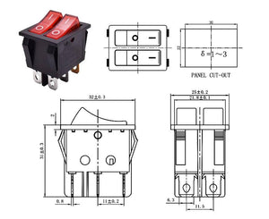 KCD6 Plastic Dual Push Button Rocker Switch 6 Pin 12V 220V Lamp Latching Red On Off Boat Power Switch 16A 250V - the red plastic switch unit and technical dimension diagrams with measurements for the panel cut-out and housing.