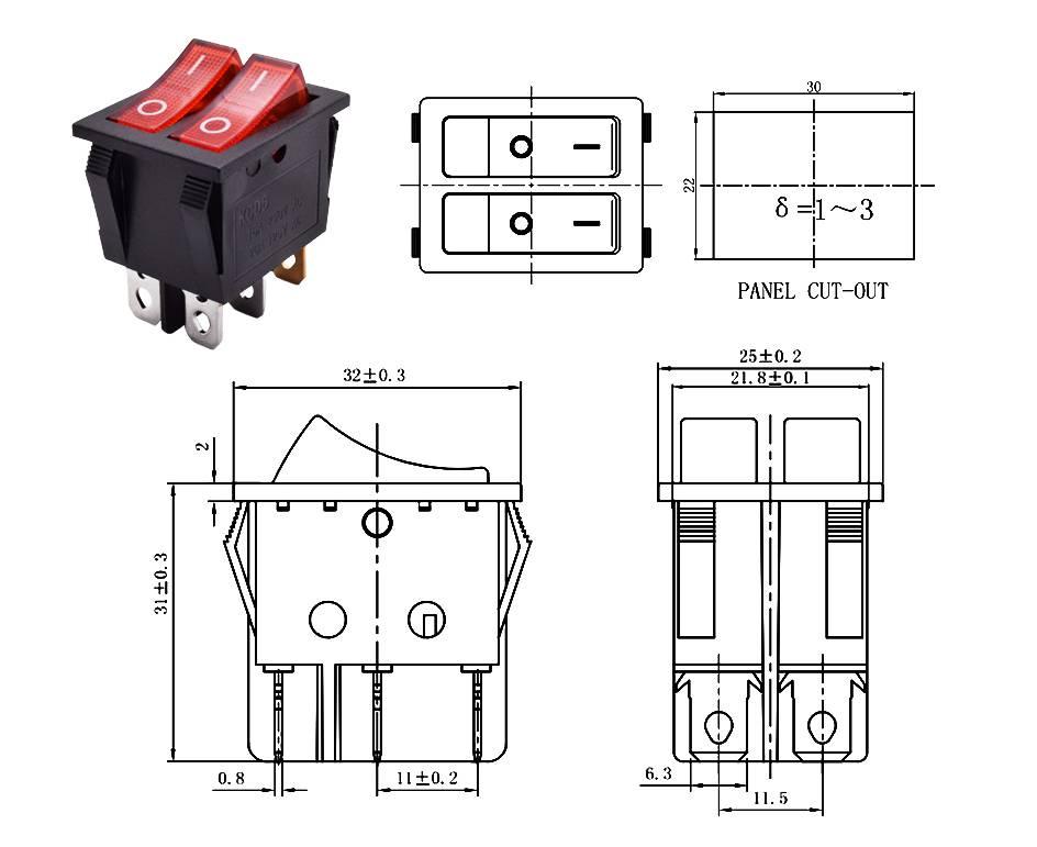 KCD6 Plastic Dual Push Button Rocker Switch 6 Pin 12V 220V Lamp Latching Red On Off Boat Power Switch 16A 250V - the red plastic switch unit and technical dimension diagrams with measurements for the panel cut-out and housing.