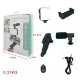 Kd-49/20 Vlog Kit Vlogging Kit Video Making Kit With Microphone - a box with dimensions and its contents: a light, phone holder, microphone, tripod, remote, and cable on a white background.