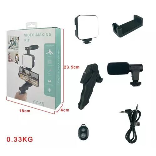 Kd-49/20 Vlog Kit Vlogging Kit Video Making Kit With Microphone - a box with dimensions and its contents: a light, phone holder, microphone, tripod, remote, and cable on a white background.