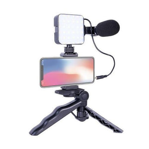 Kd-49/20 Vlog Kit Vlogging Kit Video Making Kit With Microphone - a black smartphone tripod holding a phone, an LED light panel, and a microphone connected by a cable.
