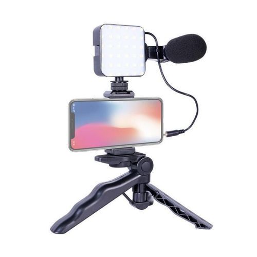 Kd-49/20 Vlog Kit Vlogging Kit Video Making Kit With Microphone - a black smartphone tripod holding a phone, an LED light panel, and a microphone connected by a cable.