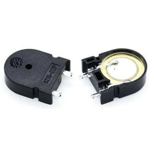 KDS-22P Piezo Buzzer u Shaped Audio Indicator 22mm x 7.0mm - two black, U-shaped electronic audio indicators with two metal pins each, viewed from the top and bottom.