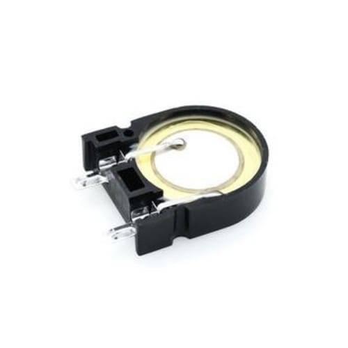 KDS-22P Piezo Buzzer u Shaped Audio Indicator 22mm x 7.0mm - a black U-shaped audio indicator with a circular yellow transducer element and two metal connection pins.