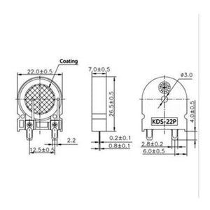 KDS-22P Piezo Buzzer u Shaped Audio Indicator 22mm x 7.0mm - a black and white technical dimension diagram showing the front, side, and rear views with various measurements in millimeters.