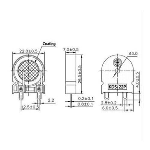 KDS-22P Piezo Buzzer u Shaped Audio Indicator 22mm x 7.0mm - a black and white technical dimension diagram showing the front, side, and rear views with various measurements in millimeters.