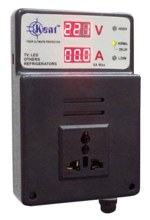 Kent 5A Muhafiz Automatic Voltage Protector Automatic Current Protector - a grey wall-mount device with a digital display showing 228V and 00.0A, status LEDs, and a front socket.
