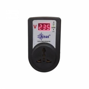 Kent Digital High Low Voltage Protector - a black, wall-plug device with a digital display showing 235, status indicator lights, and a universal socket.