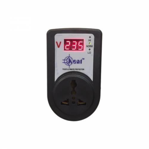 Kent Digital High Low Voltage Protector - a black, wall-plug device with a digital display showing 235, status indicator lights, and a universal socket.