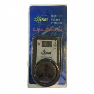 Kent Digital High Low Voltage Protector - in its original blue blister packaging, featuring a digital display, three status indicator lights, and a socket.