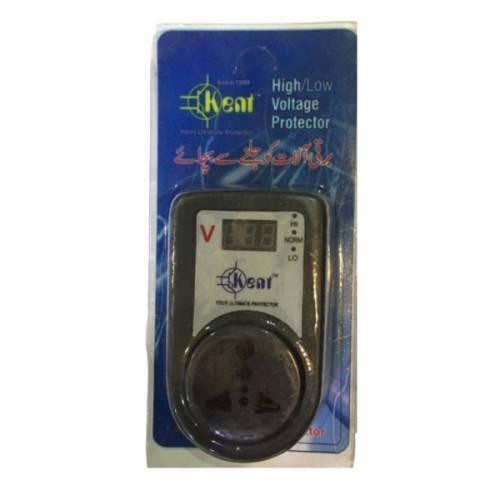 Kent Digital High Low Voltage Protector - in its original blue blister packaging, featuring a digital display, three status indicator lights, and a socket.
