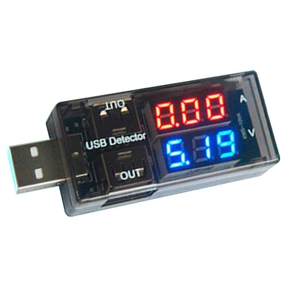 Keweisi USB Current Voltage Meter Battery Tester - with a black casing, a USB connector, an output port, and a digital display showing 0.00 A and 5.19 V.