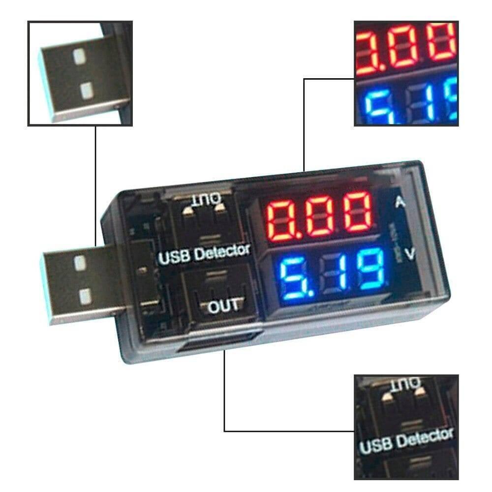 Keweisi USB Current Voltage Meter Battery Tester - a black rectangular device with a USB connector, an output port, and a digital display reading 0.00 A and 5.19 V.