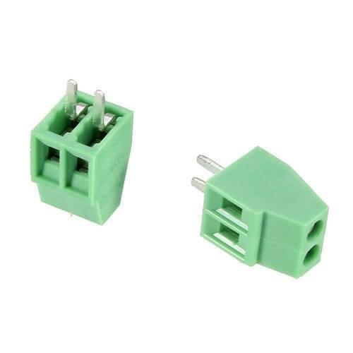 Kf 128 2p 5mm Pitch 2 Pin PCB Screw Terminal Block Connector - Digilog Pakistan - two green, two-pin screw terminal blocks with metal pins for PCB mounting.