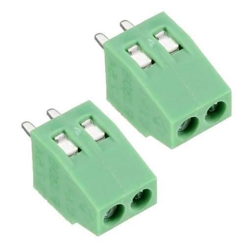 Kf 128 2p 5mm Pitch 2 Pin PCB Screw Terminal Block Connector - Digilog Pakistan - two green, two-pin screw terminal blocks with metal pins for PCB mounting.