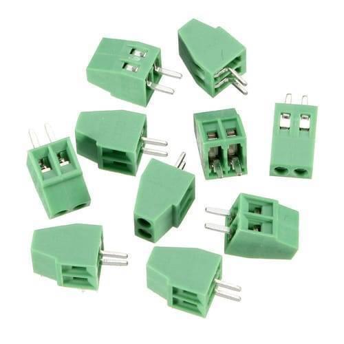 Kf 128 2p 5mm Pitch 2 Pin PCB Screw Terminal Block Connector - Digilog Pakistan - a collection of ten green plastic two-pin screw terminal blocks scattered.
