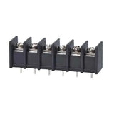 KF25 6-pin Screw Terminal Block Connector - 300V 25A Barrier Strip - a black plastic barrier strip with six metal screw terminals and six pins for mounting on a circuit board.