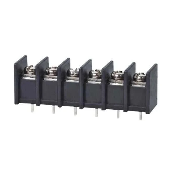 KF25 6-pin Screw Terminal Block Connector - 300V 25A Barrier Strip - a black plastic barrier strip with six metal screw terminals and six pins for mounting on a circuit board.