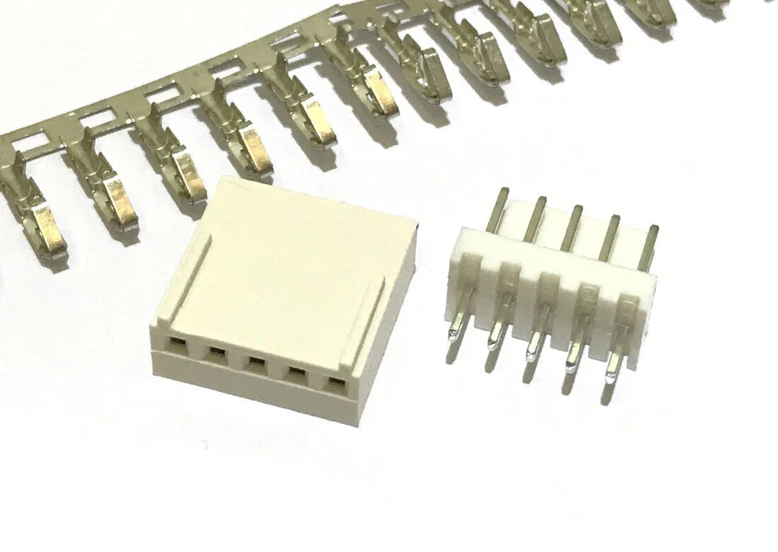 KF2510 2.54mm 5-pin Housing Connector Header Crimp Terminal Pin PCB Board - a white plastic housing, a 5-pin header, and a strip of metal crimp terminals on a white background.