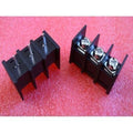 KF45 Kf-45 3 Pin Power Connector 25 Amp PCB Mount Power Connector - two black 3-pin PCB mount terminal blocks with metal screw terminals, viewed from the front and back.