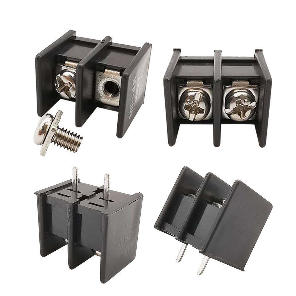 KF45 / Sy-45 2 Pin Barrier Terminal Block Connector 9.5mm Pitch - four views of the black plastic connector with metal screws and pins.