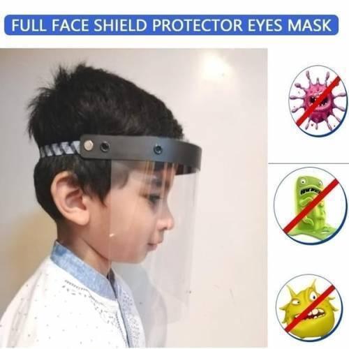 Kids Protective Face Sheild Professional Grade Face Mask - shown on a child's head with a clear plastic visor and a black headband.