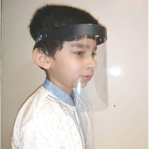 Kids Protective Face Sheild Professional Grade Face Mask - shown worn by a young boy, featuring a black headband and a clear, transparent plastic visor.