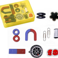Kids STEM School Learning Magnet Power Kit - Science Experiment D - a yellow storage box containing various magnets, a compass, paper clips, thread, and octopus icons.
