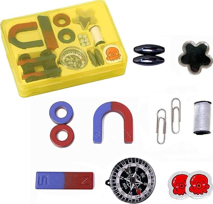 Kids STEM School Learning Magnet Power Kit - Science Experiment D - a yellow storage box containing various magnets, a compass, paper clips, thread, and octopus icons.