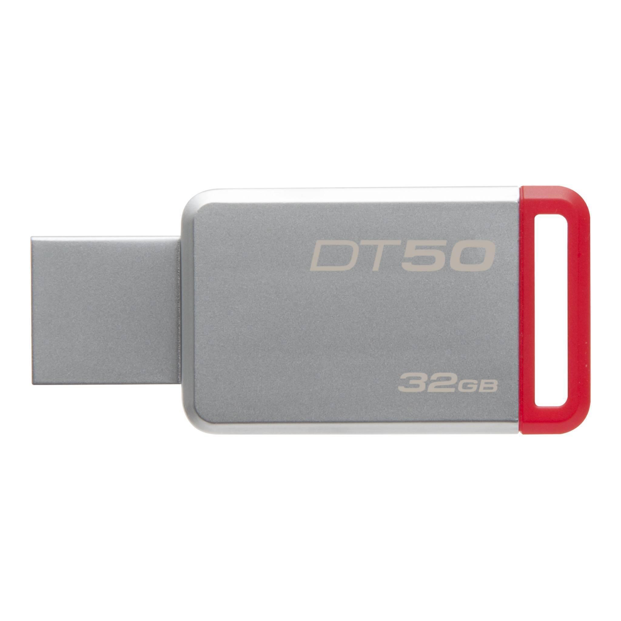 Kingston 32GB USB 2.0 Flash Drive - a silver rectangular metal body with a red plastic loop on one end and a USB connector on the other.