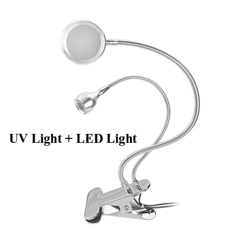 Koocu 7005 Lamp 2 In 1 With UV Light And LED Flash Light - a silver dual-neck desk lamp with a clip base, featuring one LED light and one UV light.