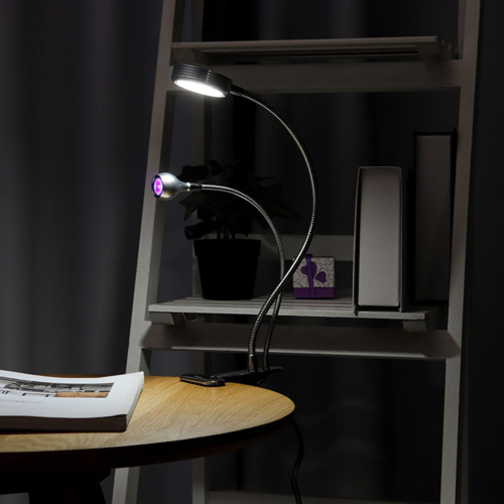 Koocu 7005 Lamp 2 In 1 With UV Light And LED Flash Light - two flexible silver gooseneck arms with a white LED light and a purple UV light.