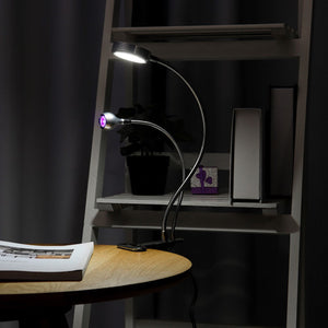 Koocu 7005 Lamp 2 In 1 With UV Light And LED Flash Light - two flexible silver gooseneck arms with a white LED light and a purple UV light.