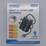 Koocu KC-UV1 Smart Curing UV Lamp Light - shown as a product box featuring a black lamp with a USB connector, touch switch, and printed technical specifications.