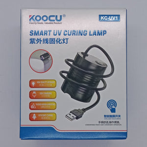 Koocu KC-UV1 Smart Curing UV Lamp Light - shown as a product box featuring a black lamp with a USB connector, touch switch, and printed technical specifications.