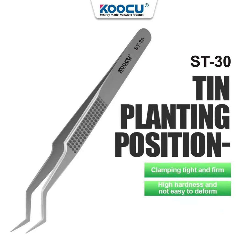 Koocu St-30 Non-magnetic Stainless Steel Precision Chip Placement Tweezer - shown angled with a textured grip and bent tips, against a white background with product text.