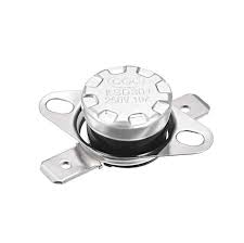 KSD301 130 °c Limit Thermostat No 250V 10A - a silver-coloured metal thermal switch with two spade terminals and a circular top featuring embossed text.