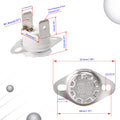 KSD301 190°c Normally Closed Thermostat Thermal Temperature Switch Nc - two views with dimension labels, featuring a silver metal casing, white ceramic base, and two spade terminals.