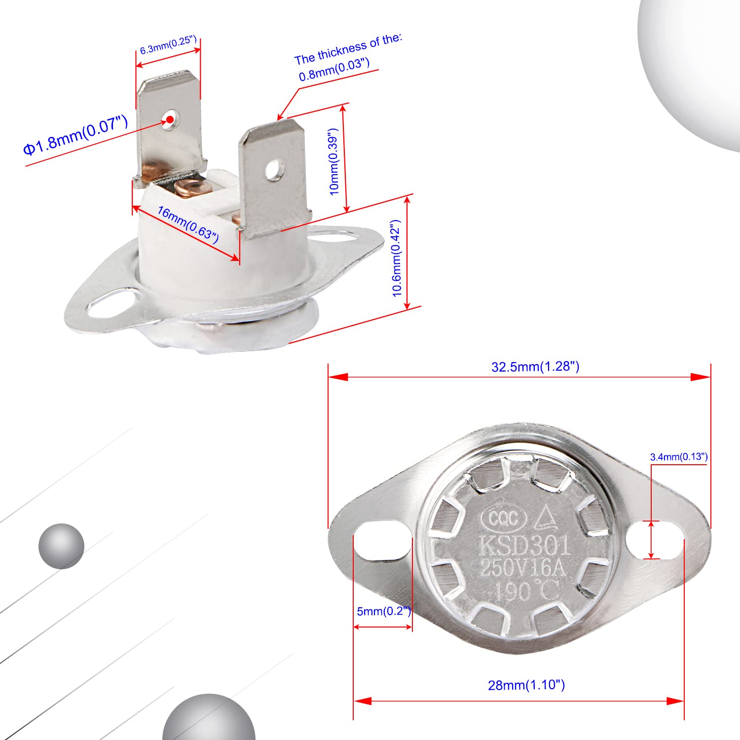 KSD301 190°c Normally Closed Thermostat Thermal Temperature Switch Nc - two views with dimension labels, featuring a silver metal casing, white ceramic base, and two spade terminals.