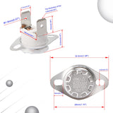 KSD301 190°c Normally Closed Thermostat Thermal Temperature Switch Nc - two views with dimension labels, featuring a silver metal casing, white ceramic base, and two spade terminals.