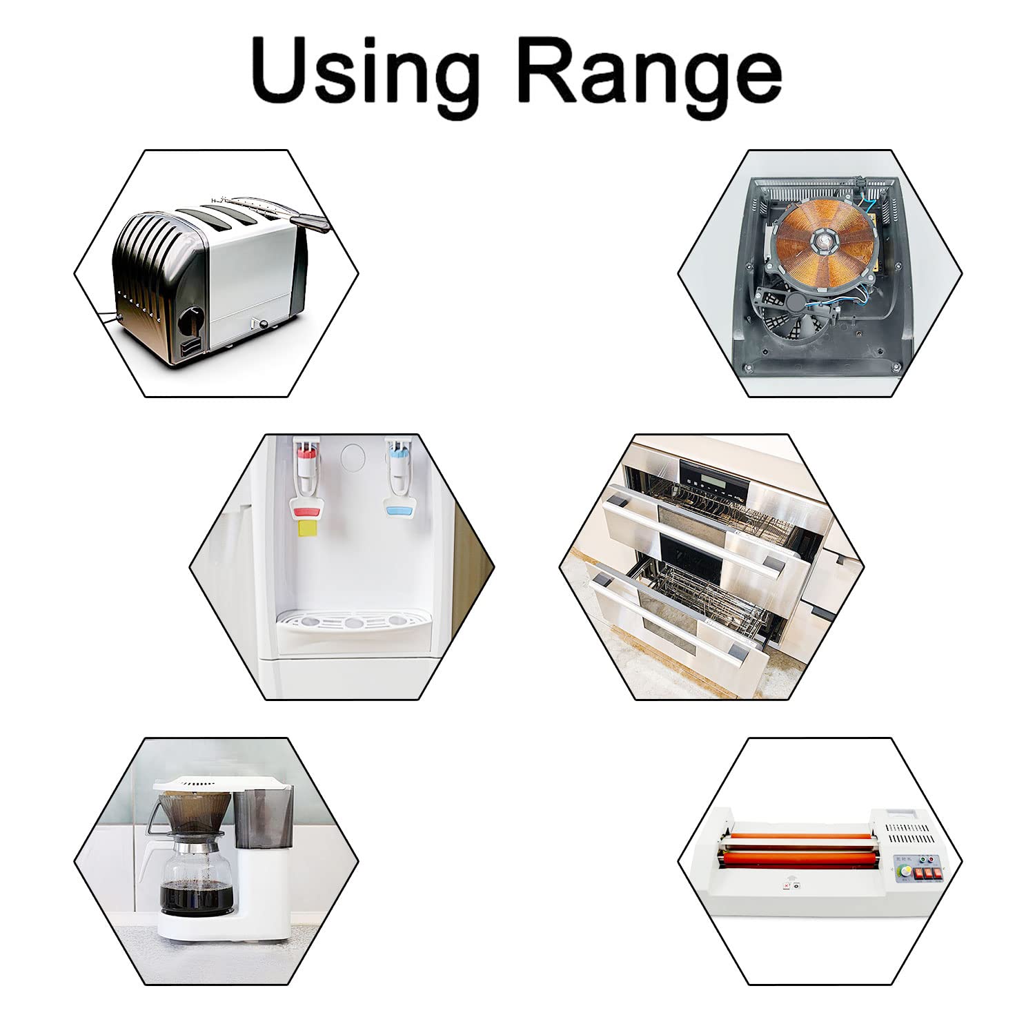 KSD301 190°c Normally Closed Thermostat Thermal Temperature Switch Nc - shown in a collage of six hexagonal frames depicting various household appliances.